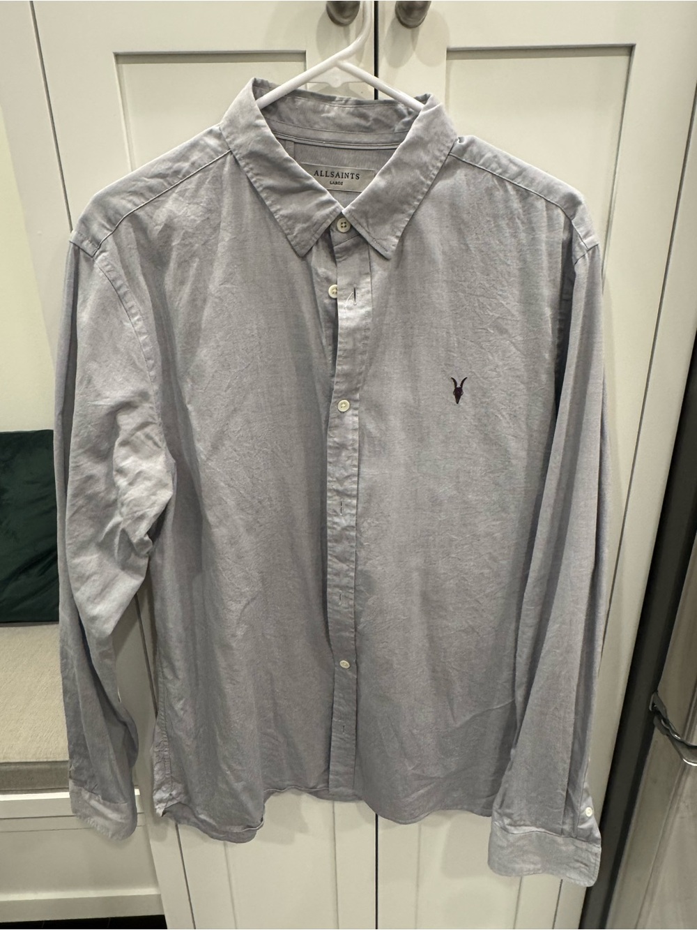 AllSaints Men's Pale Gray Button-Down Shirt with Embroidered Logo